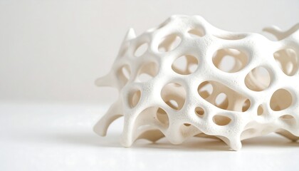 White, organic-shaped ceramic sculpture with an intricate, porous structure
