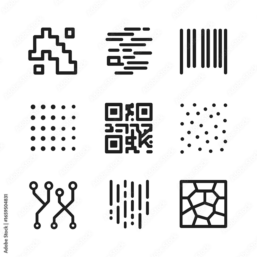 Poster digital pattern icons. outline icon set of digital patterns: pixel art, glitch, barcode, qr code, ha