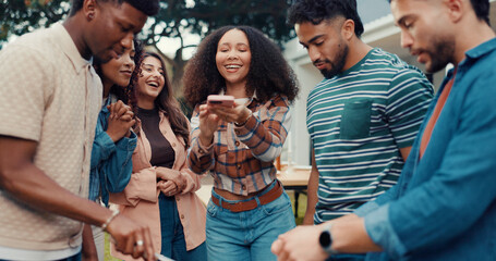 Friends, backyard and people at party with phone for bonding, relaxing and fun memories on weekend. Happy, photograph and men with women in garden for BBQ celebration, social gathering and reunion