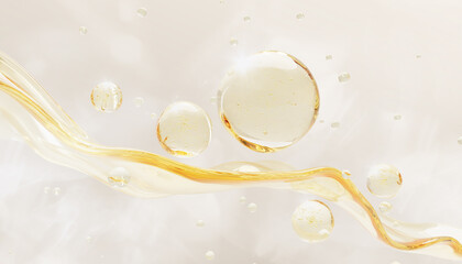 Yellow transparent wave with argan oil bubbles. Liquid cosmetic skin care 3d background. Golden hyaluron gel texture, moisture cream drops, honey face serum with collagen render. 3D illustration