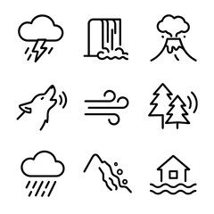 Nature Noise Icons. Outline icon set of noise in nature: thunderstorm, waterfall, volcanic eruption, animal calls, wind blowing,