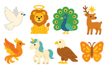 Fototapeta premium Divine Animals Icons. Flat vector mini-illustrations divine animals in colors children's illustrations: white dove, lion with halo