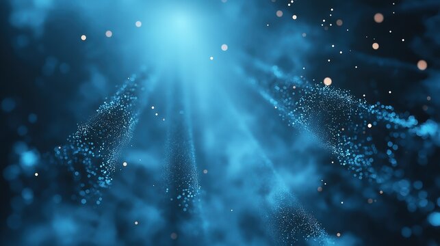 Dynamic Particle Fluid: Light Trails with Wave Texture on Deep Blue Background for Quantum Computing/Biomedical Visualization/Industrial Monitoring