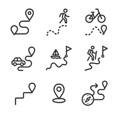Navigation Icon Set. Outline icon set of navigation trajectories: GPS route, walking trail, cycling path, vehicle route, marine