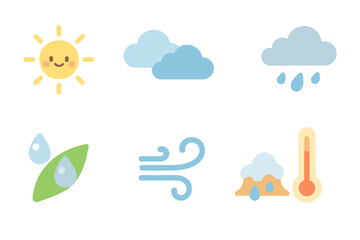 Obraz premium Weather Icons Grid. Flat vector mini-illustrations evaporation in weather in colors children's illustrations: sun, clouds, rain,