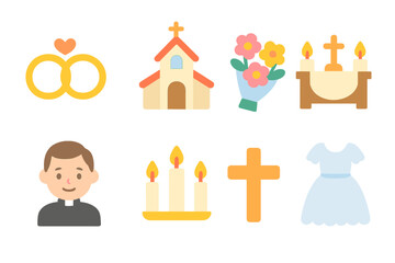 Wedding Symbols Grid. Flat vector mini-illustrations marriage sacrament in colors children's illustrations: wedding rings, church,