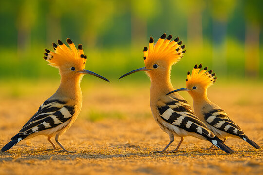 Pair of exotic hoopoe birds interacting on forest ground with green background