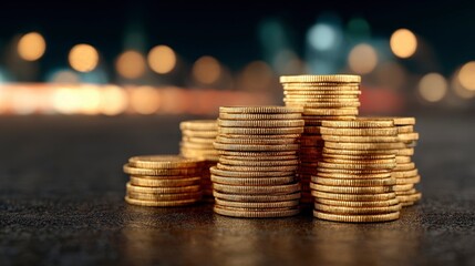 Stacks of Gold Coins on a Blurred City Background