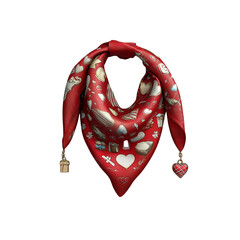 Red Silk Scarf with Love-Themed Pattern and Charms - Valentine's Day Fashion Accessory