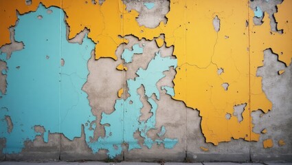Fototapeta premium A weathered concrete wall displays sections of peeling turquoise and ochre-colored paint, revealing a textured surface and a unique pattern.