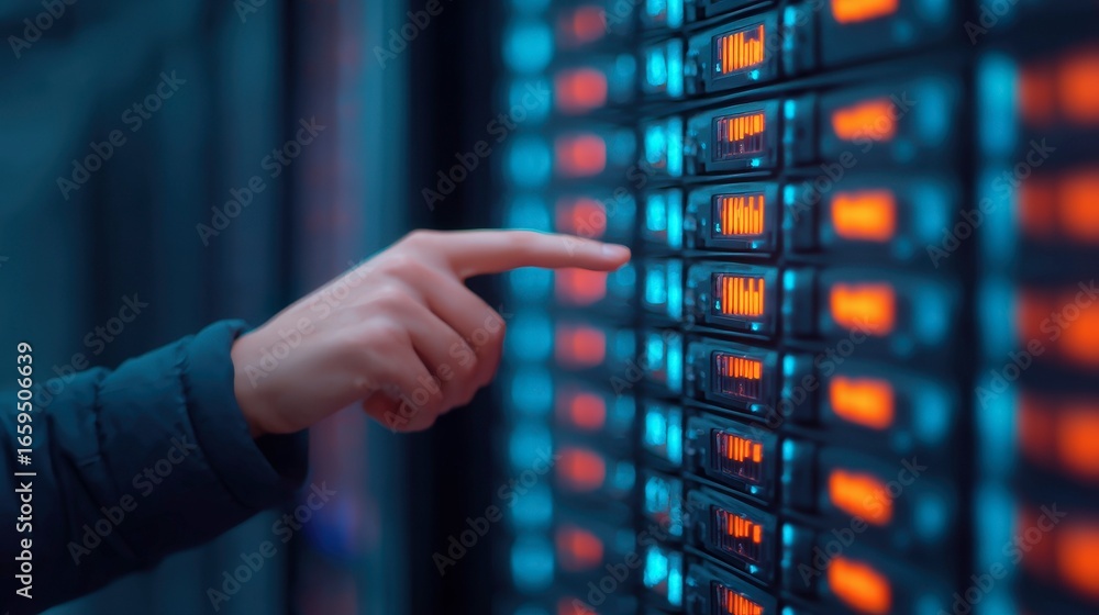 Poster close-up of a hand interacting with a server rack control panel