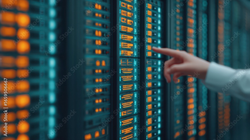 Poster close-up of a hand interacting with a data server panel