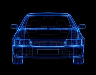 Wireframe rendering of a car, front view, glowing blue lines on black background