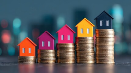 Miniature Model Houses on Stacks of Coins Representing Real Estate Investment Growth