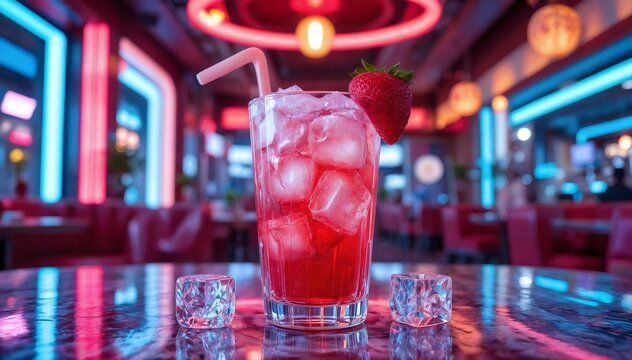Jugo de coco y fresa en vaso Art D&eacute;co con hielo opalescente y fondo ne&oacute;n tipo restaurante