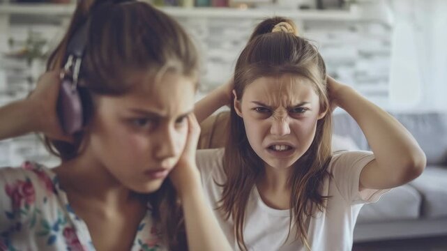 Two girls are in a room, one of them is wearing headphones. The other girl is angry and is making a face
