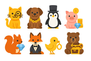 Rich Animal Icons. Flat vector mini-illustrations rich animals in colors children's illustrations: cat with monocle, dog with gold