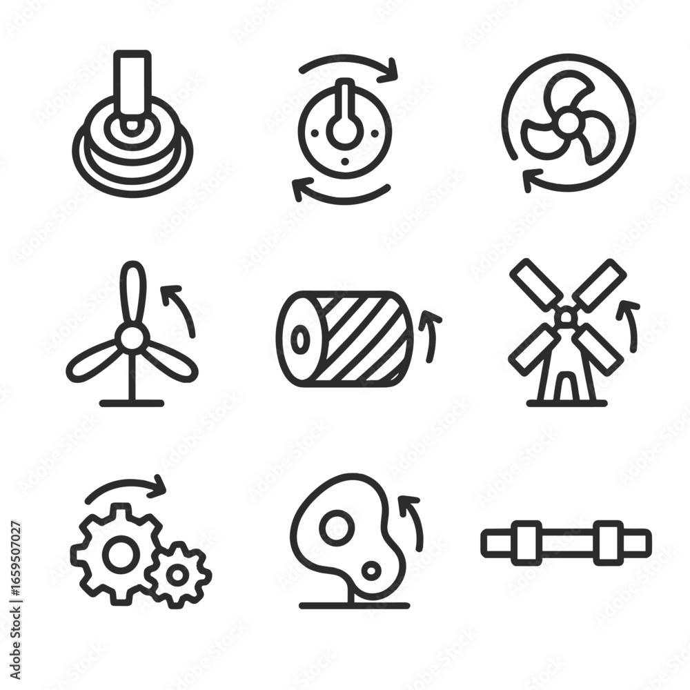 Poster rotation device icons. outline icon set of rotation devices: rotary encoder, rotary switch, spinning