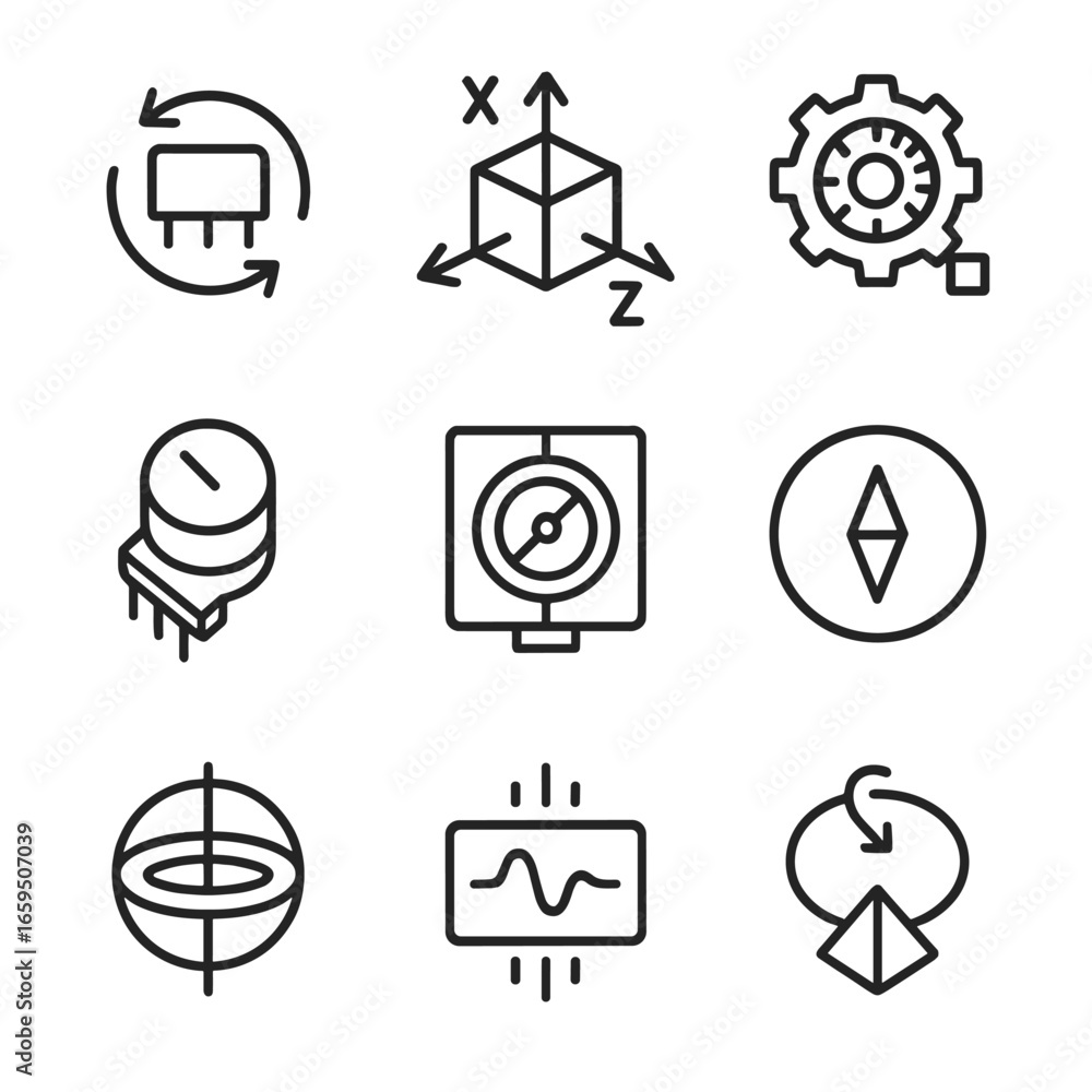 Aufkleber rotation sensors icon set. outline icon set of rotation sensors and measurement: angular velocity se