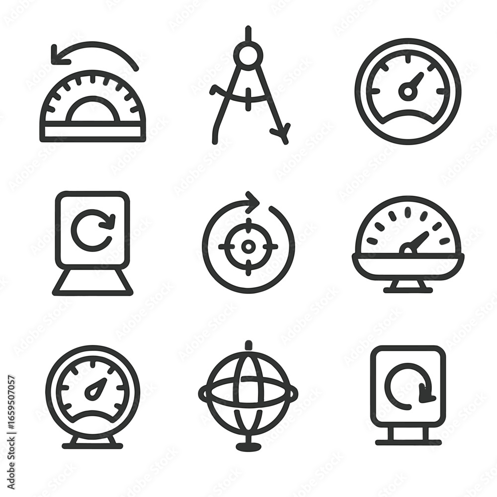 Poster rotation tools icons. outline icon set of rotation measurement tools: protractor, compass rotation, 