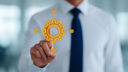 Confident Project Manager in White Shirt Interacting with Holographic Gear