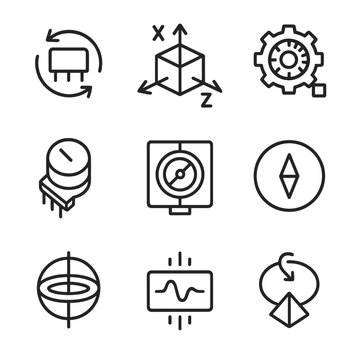 Rotation Sensors Icon Set. Outline icon set of rotation sensors and measurement: angular velocity sensor, accelerometer, optical