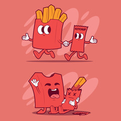 Ketchup Packet and French Fries Characters vector illustration. Food, mascots vector illustration.
