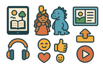 Children's Storytelling Icons. Flat vector mini-illustrations Digital storytelling in colors children's