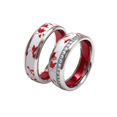 Elegant Red and White Enamel Wedding Rings with Diamond Accents