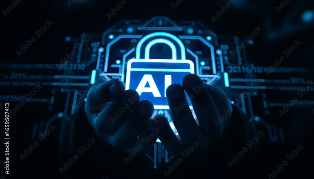 Aufkleber hands holding ai text within a glowing blue digital security lock symbol artificial intelligence acc