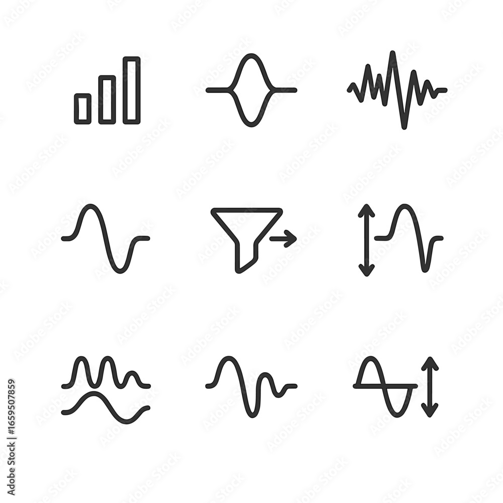 Poster signal processing icons. outline icon set of amplitude in signal processing: signal strength, peak v