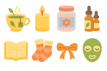 Children's Wellness Icons. Flat vector mini-illustrations wellness care package in colors children's