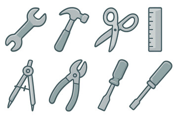 Naklejka premium Silver Tools Collection. Flat vector mini-illustrations silver tools in colors children's illustrations: silver wrench, silver