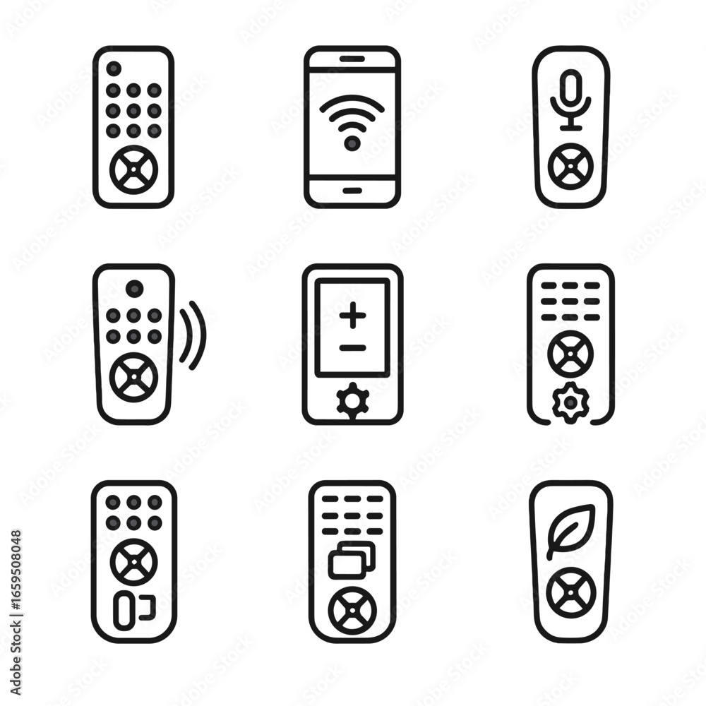 Aufkleber smart remote icons. outline icon set of smart remote controls: universal remote, app-controlled remo