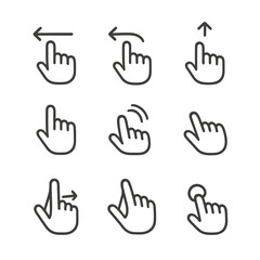 Sliding Gesture Icons. Outline icon set of sliding gestures: swipe left, swipe right, swipe up, swipe down, drag slide, flick