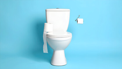 White toilet with blue background.