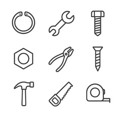 Obraz premium Snap Tool Icons. Outline icon set of snap in tools: snap ring, snap-on wrench, bolt, nut, pliers, screw, hammer, saw, tape measure