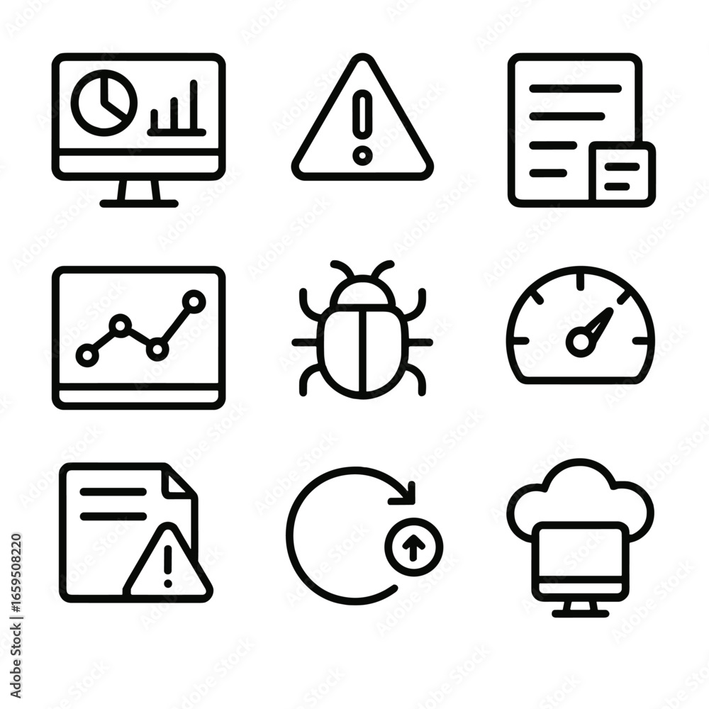 Aufkleber software monitoring icons. outline icon set of software monitoring tools: dashboard, alert notificat