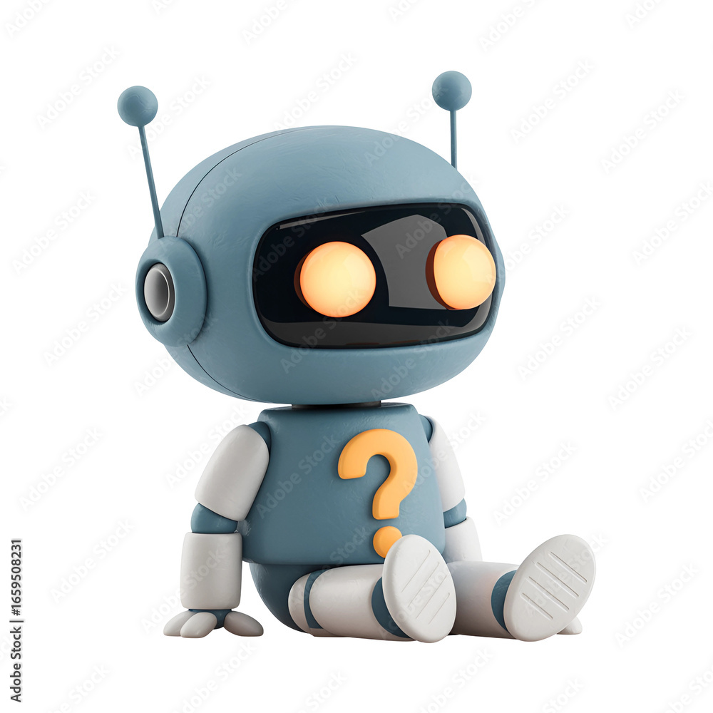 Poster 3d confused ai robot sitting with question mark, exploring artificial intelligence and machine learn