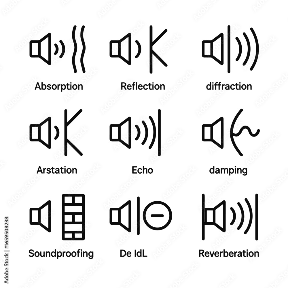 Poster sound attenuation icons. outline icon set of sound attenuation: absorption, reflection, diffraction,