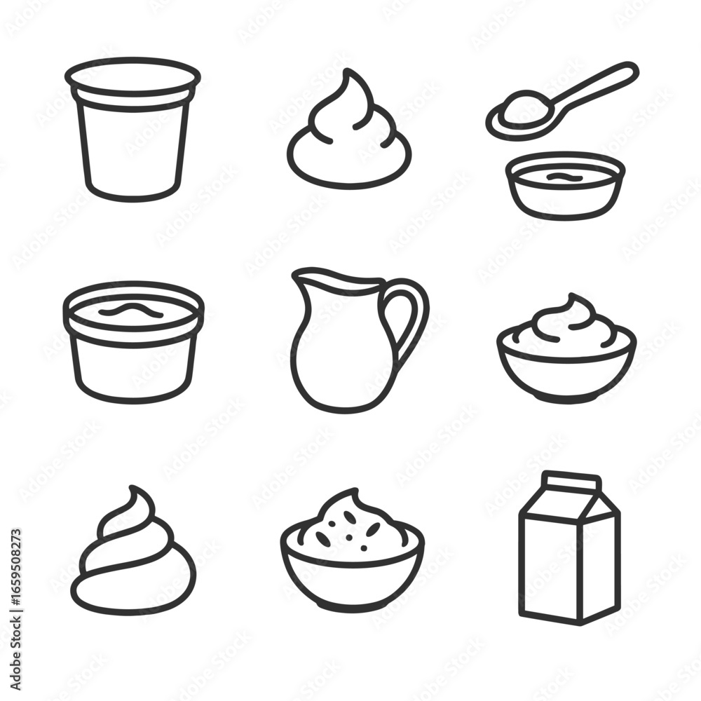 Poster sour cream icon set. outline icon set of sour cream products: sour cream container, dollop of sour c