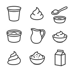 Fototapeta premium Sour Cream Icon Set. Outline icon set of sour cream products: sour cream container, dollop of sour cream, spoon with sour cream,