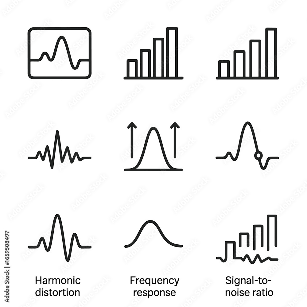 Poster spectrum analysis icons. outline icon set of frequency spectrum analysis: spectrum analyzer, frequen