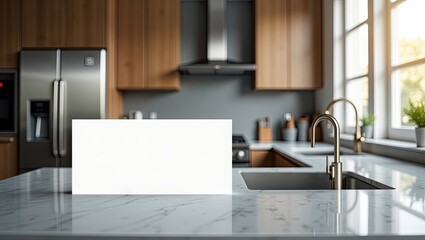 Blank rectangular display piece set on a marble countertop in a modern kitchen.