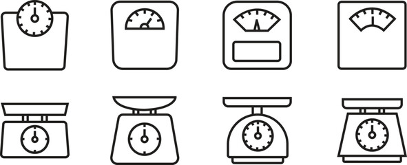 Scale and weight icons set in line styles. Collection and group of balance, measurement, kilogram, pound, health, fitness, kitchen, laboratory and industrial weighing scale symbols.