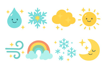 Sparkling Weather Icons. Flat vector mini-illustrations sparkle-themed weather in colors children's illustrations: sparkling