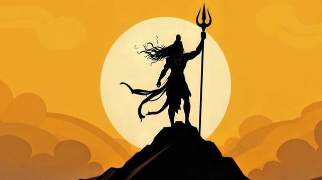 Silhouette of Lord Shiva meditating on Mount Kailash, raising his trident to the sky. Representing cosmic energy, the principles of Hinduism and spiritual awakening. Mahadev, meditation, power.