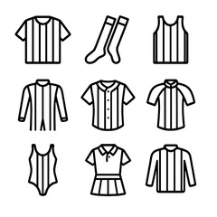 Sports Uniform Icons. Outline icon set of striped sports uniforms: referee jersey, soccer socks, basketball jersey, racing suit,