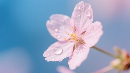 Delicate Pink Flower with Dew Drops Against a Soft Blue Background