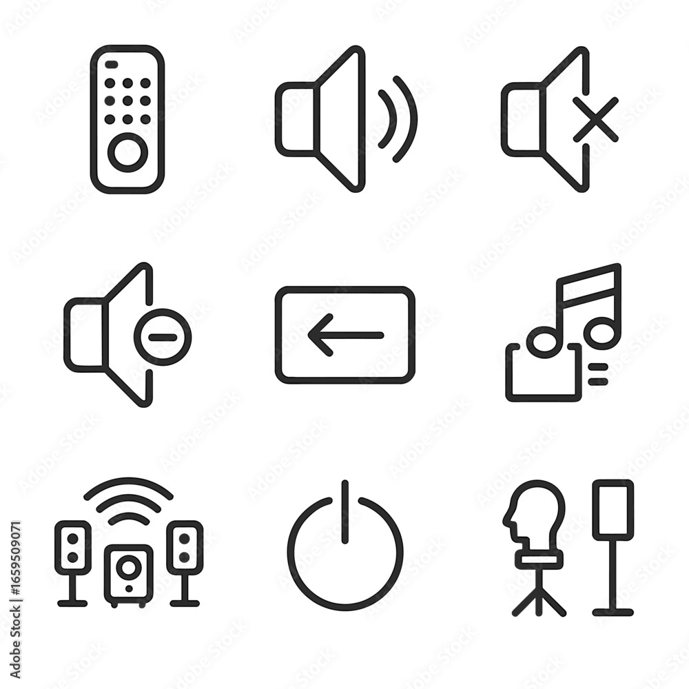 Poster surround sound icons. outline icon set of surround sound user interactions: remote control, volume u